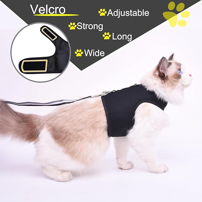 Kitty Harness and Leash for Walking Escape Proof Breathable Mesh Fabric, Solid Black, Small, Adjustable Cat Walking Jackets, Padded Stylish Cat Vest