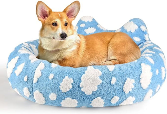 Cat Bed & Dog Bed, Removable Cozy Soft Cat Bed Washable Round Cute Dog Bed with Jacquard for Small Medium Cats and Dogs, Blue Sky L