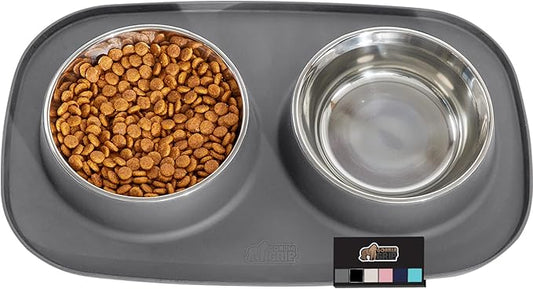 GORILLA GRIP 100% Waterproof BPA Free Cat and Dog Bowls Silicone Feeding Mat Set, Stainless Steel Bowl Slip Resistant Raised Edges, Catch Water, Food Mess, No Spills, Pet Accessories, 1 Cup, Gray