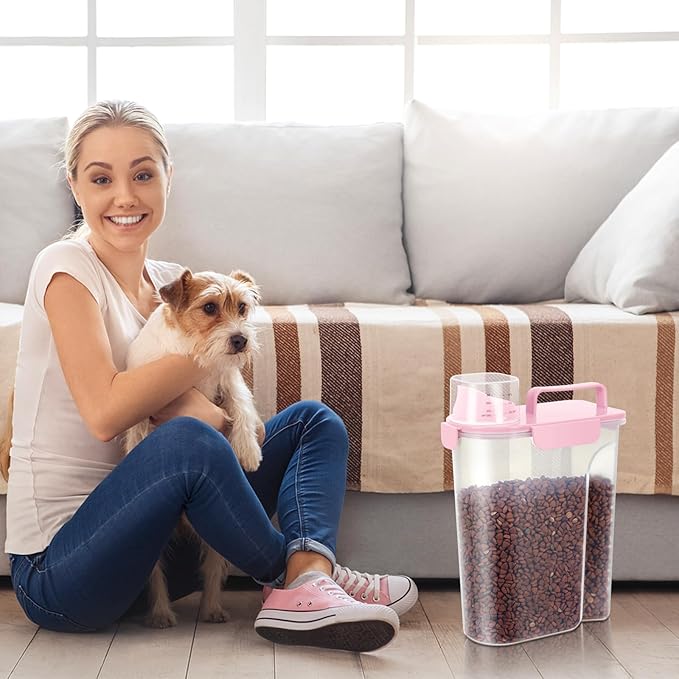 5Lbs Dog Cat Storage Container Portable with Upgraded Large Spout and Cup,Plastic Pet Food Dispenser for Small Animal Kibble,Bird Seed,Oatmeal,Rice,flour,brown sugart- Light Pink