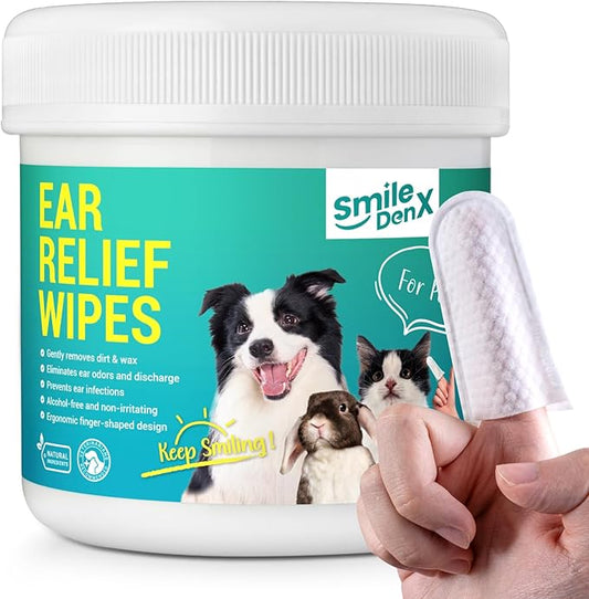 Dog Ear Cleaner Finger Wipes - Gently Remove Ear Wax & Debris, Relieve Ear Itching & Inflammation - Soothing Cleansing Deodorizing Ear Care Wipes for Cat and Dog (50 Pcs, Unscented)