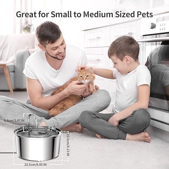 Tomxcute Cat Water Fountain Stainless Steel - 108oz/3.2L Cat Fountain for Drinking- Large Capacity Pet Water Fountain - Cat Feeding & Watering Supplies - Comes with 8 Replacement Filters