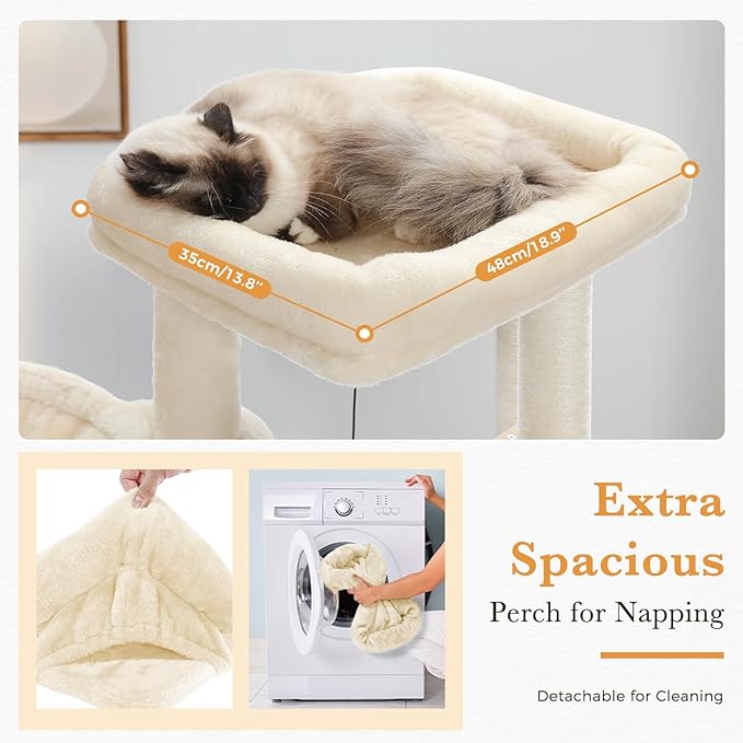 PAWZ Road Large Cat Tree, 51 Inches Wooden Cat Tower with Double Condos, Large Perch,Soft Hammock and Totally Wrapped Sisal Posts for Large Indoor Cats-Beige