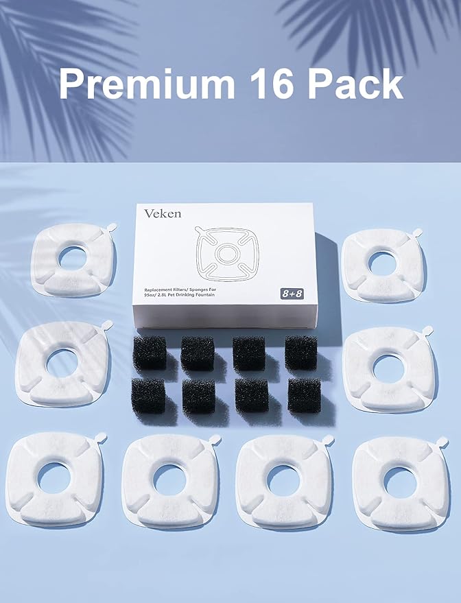 Veken Cat Water Fountain Filter, Classic 8 Pack Replacement Filters & 8 Pack Replacement Pre-Filter Sponges for 67oz, 95oz, 135oz Automatic Pet Fountain Dog Water Dispenser