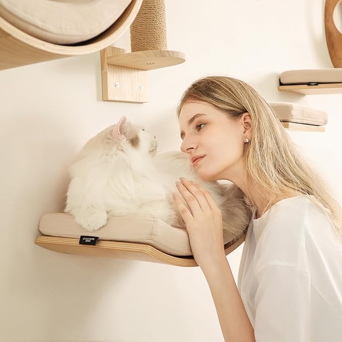Cat Wall Shelves Curved Floating Cat Shelf Perch Bed with Cushion Wooden Easy to Install Cat Wall Furniture for Climbing Sleeping 16.5"x10.2"(Walnut)