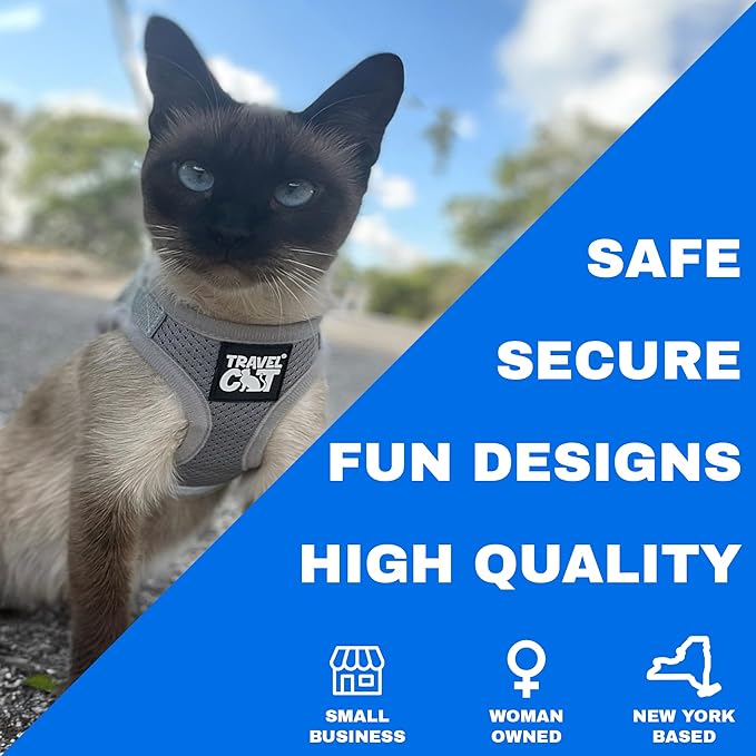 Travel Cat Harness and Leash Set - Adjustable Fit Mesh Cat Harness and Reflective Strap - Comfort Escape Proof Harness for Cats, Kitten for Outdoor Walking, Hiking (Small, Grey)