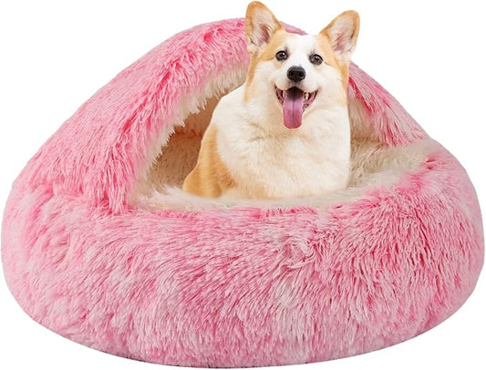 Round Hooded Cat Bed & Dog Bed with Cover Cave, Dog Bed for Small Dogs, Faux Fur Cuddler Round Coved Cat Bed Self Warming Donut Dog Bed Fits up to 5 lbs Pets (Pink, 16inch x 16inch)