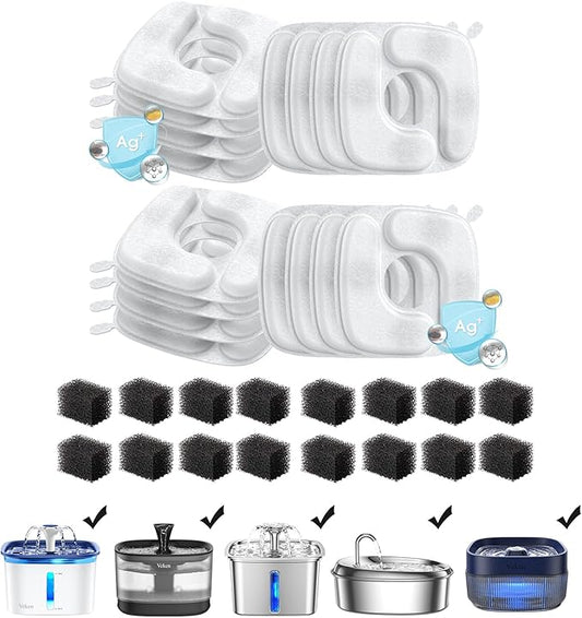 Veken Cat Water Fountain Filters, 16 Pack Replacement Filters & 16 Pack Replacement Pre-Filter Sponges Set for 67oz, 95oz, 135oz Automatic Pet Fountain Dog Water Dispenser
