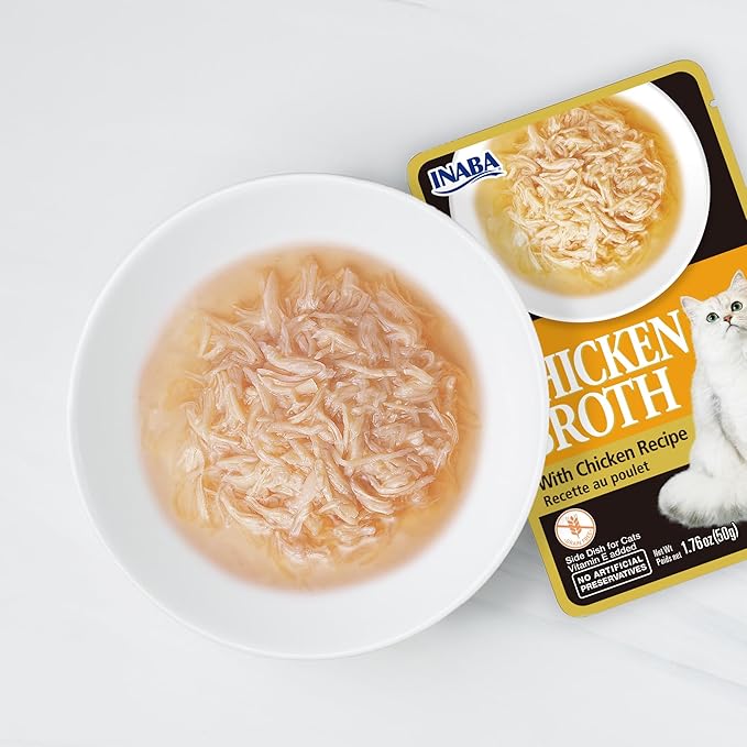 Inaba Chicken Broth, Shredded Chicken & Broth Side Dish/Topper for Cats with Vitamin E, 1.76 Ounce Pouch, 8 Pouches Total, Chicken Recipe