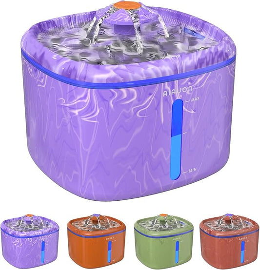 Cat Water Fountain 84oz/2.5L - Automatic Pet Fountain & Dog Water Dispenser with Replacement Filters & Feeding Mat for Cats, Dogs, Multiple Pets (Camouflage Purple)