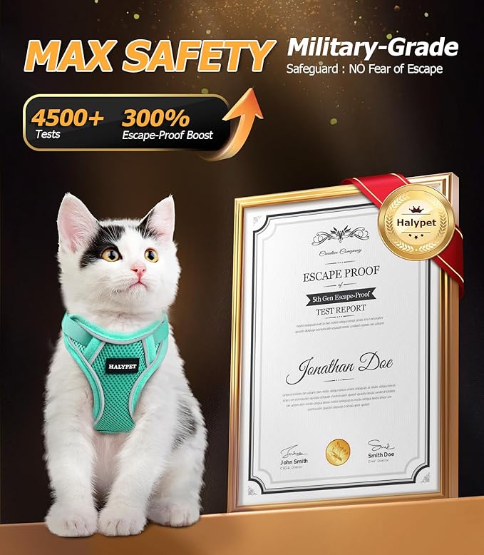 Halypet Cat Harness and Leash Set [MAX Safety 4th-Gen Upgrade] Escape Proof Adjustable Cat Leash Comfortable Soft Vest Easy to Wear Kitten Harness with Reflective Strip for Cats Walking, M Green