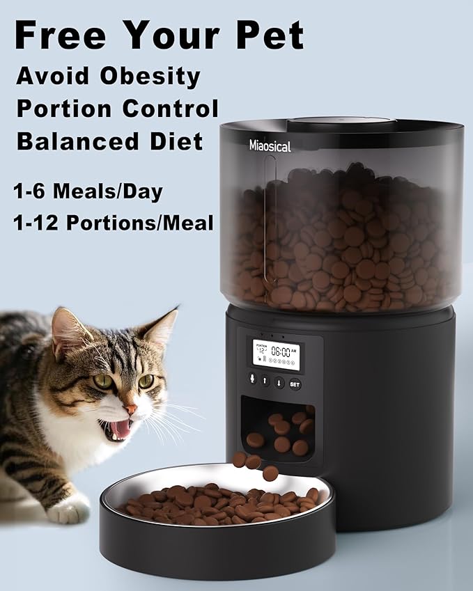 Automatic Cat Feeder Flexible Schedule Timer,6 Meals/Day,1-12 Portions/Meal,Dual Power Auto Feeder Dry Food Dispenser,10S Voice Record,for Cats & Small Dogs (Black,3.6L Stainless Steel Bowl)