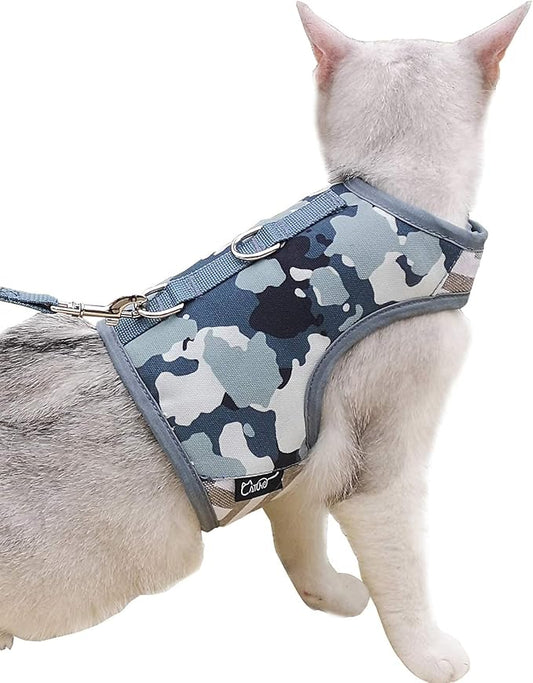 Cat Harness and Leash for Walking Escape Proof, Adjustable Cat Vest Harness, Padded Stylish Cat Walking Jackets, Grey Camo, Small