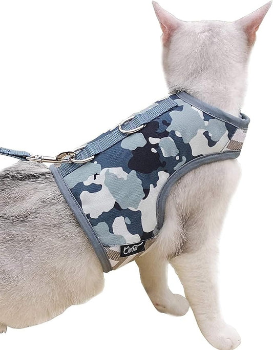 Cat Harness and Leash for Walking Escape Proof, Adjustable Cat Vest Harness, Padded Stylish Cat Walking Jackets, Grey Camo, X-Small