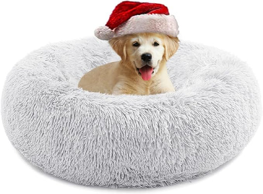 Small Cat Bed for Indoor Cats, Self-Warming Donut Kitty Bed for Small Cats Keeping Warm, Washable Pet Bed with Anti Slip Base, 23‘’ Grey
