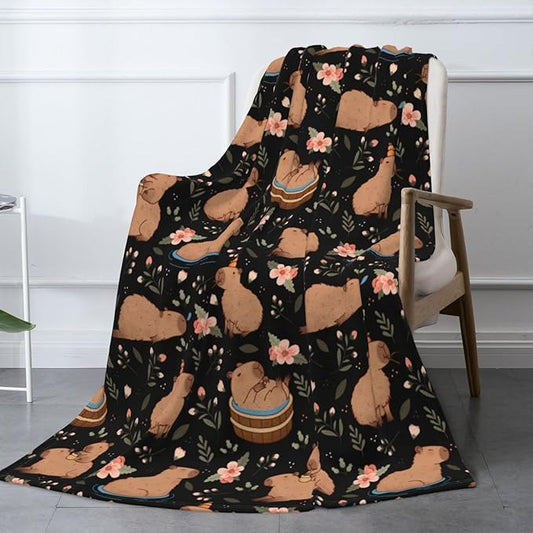 Cute Capybara Pattern Soft Fleece Blanket - Cozy and Cute Animal Design for Bed, Couch, or Gift 60"x50"