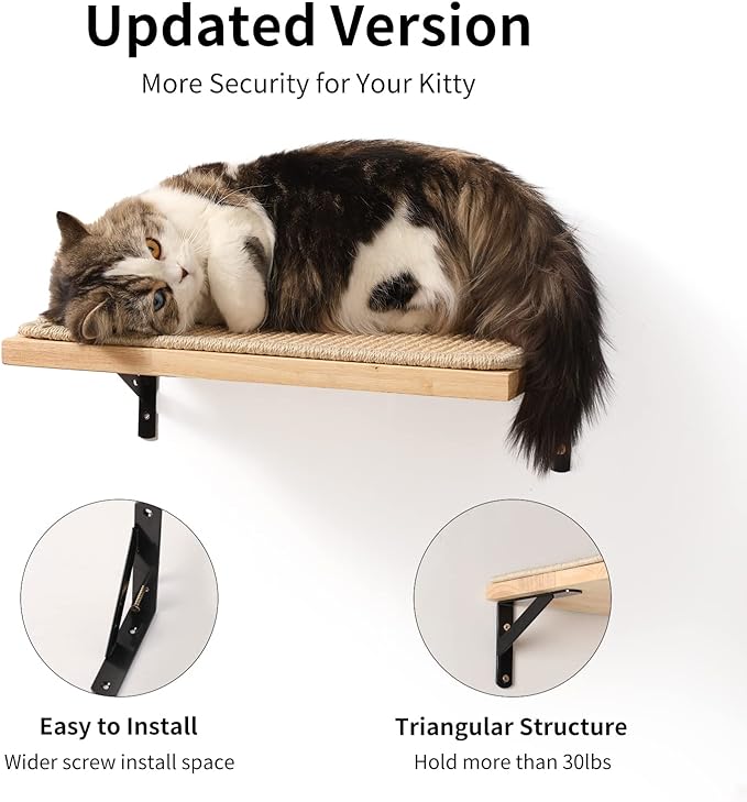 FUKUMARU Cat Wall Shelves, 16 x 10 Inch Cat Wall Furniture with Sisal Mat, Solid Rubber Wood Floating Wall Shelf with Upgraded Installation, Cat Window Perch for Sleeping, Playing and Scratching
