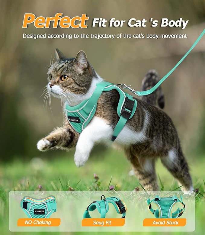 Halypet Cat Harness and Leash Set [MAX Safety 4th-Gen Upgrade] Escape Proof Adjustable Cat Leash Comfortable Soft Vest Easy to Wear Kitten Harness with Reflective Strip for Cats Walking, M Green