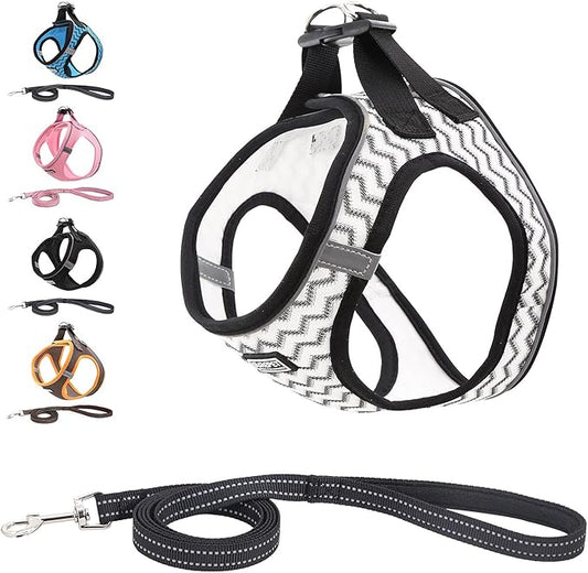 Soft Mesh Dog Harness and Leash Set, Step-in Reflective Breathable Comfort Padded Quick Dry Pet Puppy Vest Harness for Extra-Small/Small Medium Dogs and Cats (White, L)