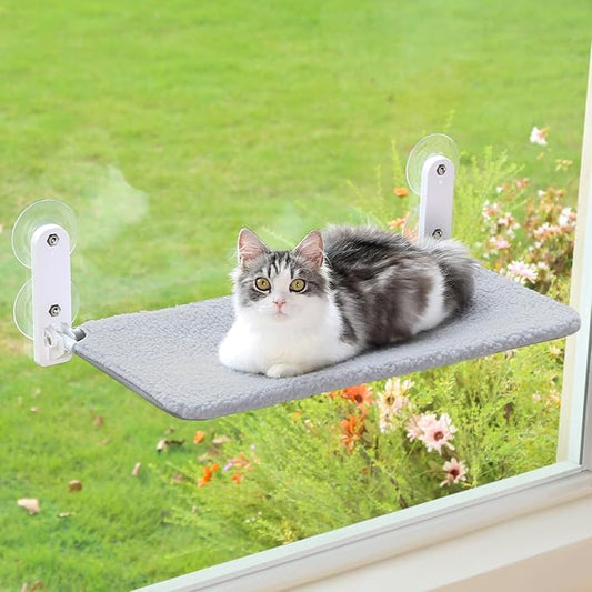 Easy Fold Cat Window Perch - Cordless, Fold-Up, Zip Closure Embeded Machine Washable Bed Cover, Robust Metal Frame - Cat Hammock for Window for Large Cats and Kittens (Gray, Large)