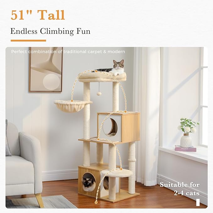 PAWZ Road Large Cat Tree, 51 Inches Wooden Cat Tower with Double Condos, Large Perch,Soft Hammock and Totally Wrapped Sisal Posts for Large Indoor Cats-Beige
