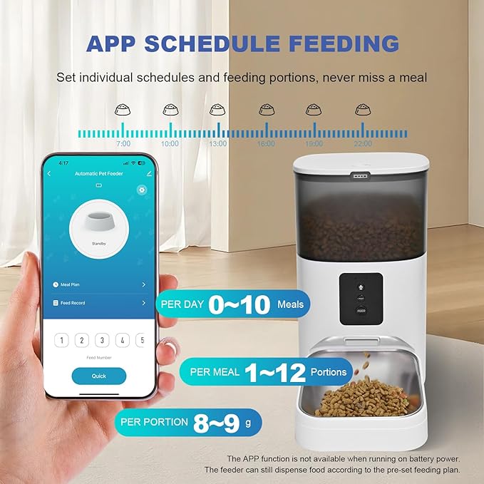 WiFi Automatic Cat Feeder, 4L Food Dispenser with 10s Voice Recorder, Pet Feeder up to 10 Meals per Day, Timed Cat Feeder with Dry Food Sealed Ring (White, 4L-WiFi)