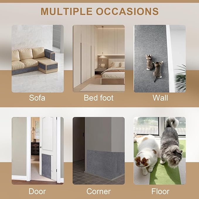 118”x15.8” Trimmable Cat Scratching Post Carpet Cover Cat Scratcher Mat Self-Adhesive Cat Tree Shelves Replacement Parts Mat with 5M Cable Tie Couch Furniture Protector for Indoor Cats(Beige)
