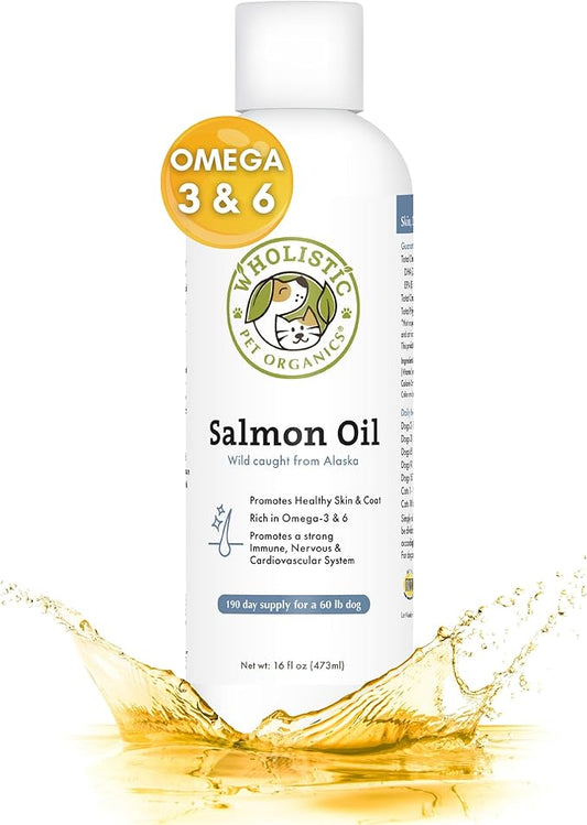 Wholistic Pet Organics Salmon Oil: Deep Sea Wild Alaskan Salmon Oil for Dogs and Cats - Natural Omega 3 Dog Fish Oil Supplement with EPA and DHA for Skin, Coat, Heart and Nervous System Health