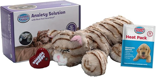 Original Snuggle Kitty Heartbeat Stuffed Cat Toy by Snuggle Puppy. Pet Anxiety Relief and Calming Aid for All Breed Sizes in Tan Tiger