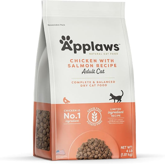 Applaws Complete Dry Cat Food, Grain-Free, Limited Ingredient Food with Added Vitamins & Minerals, Protein, Natural Cat Food, Supports Digestion, Chicken & Salmon (4 Pound Dry Cat Food)