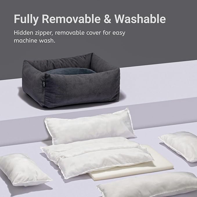 Durable Pet Bed for Small Dogs and Cats, 24" Rectangle Puppy Sofa with Bolster Sides, Washable Soft Fabric with Reversible Cushion, Easy to Clean and Perfect for Crate Use (Gray, S)