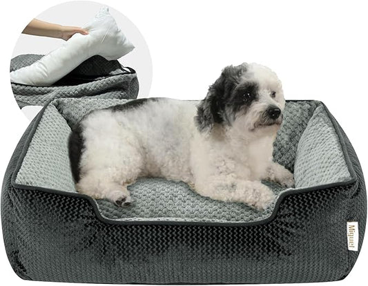 Miguel Medium Small Dog Bed with Washable Removable Cover - Rectangle Pet Bed for Indoor Cats with Bolster Soft Cuddle Bed for Puppies with Supportive Side Wall Non-Slip Bottom, Dark Gray 25 Inches