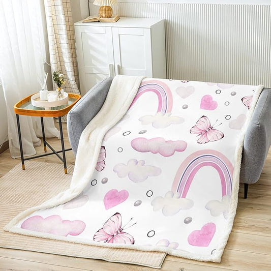 Pastel Throw Blanket for Couch Bed Kids Girls Rainbow Fleece Blanket Pink Butterfly Cloud Sherpa Blanket Throw Size Cute Butterflies Blanket Lovely Heart Print Plush Blanket White Room Decor,Cozy