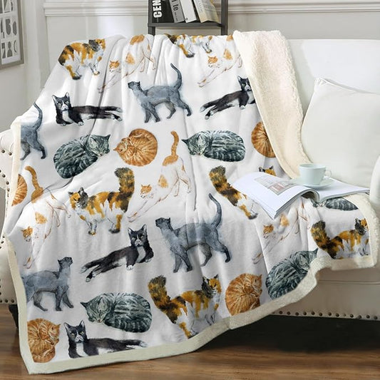 Sleepwish Colorful Cat Fleece Throw Blanket for Couch Chair Fuzzy Kitten Print Plush Sherpa Blanket Gifts for Cat Lovers Kids, Queen(90" X 90")