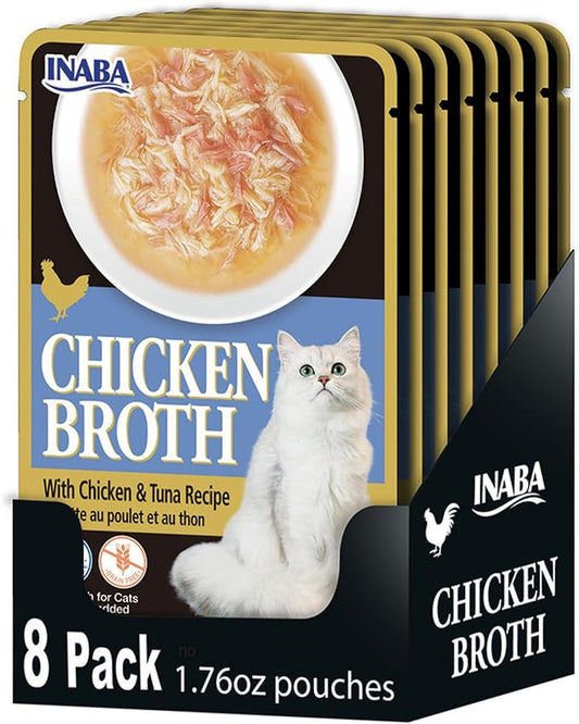Inaba Chicken Broth, Shredded Chicken & Broth Side Dish/Topper for Cats with Vitamin E, 1.76 Ounce Pouch, 8 Pouches Total, Chicken and Tuna Recipe
