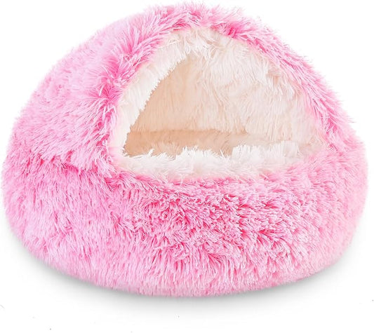 NOYAL Dog Bed Round Hooded Plush Cat Cave Donut Anti Anxiety Fluffy Dog Bed for Small Medium Dog and Cat