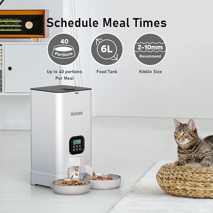 Voluas Automatic Cat Feeder for Two Cats, Double Pet Feeder with 2 Stainless Steel Bowls,6L Timed Cat Feeder with Memory Function, Pet Food Dish