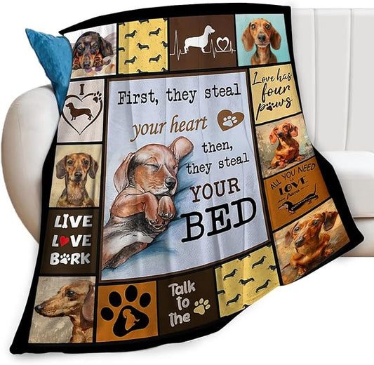 Dog Print Blanket Cute Dachshund Throw Blankets for Couch Sofa Bed Stuff Decor Lightweight Soft Cozy Fleece Plush Warm Flannel Bedding Blanket Gifts for Baby Girls Boys Kids Adults 60"x80"