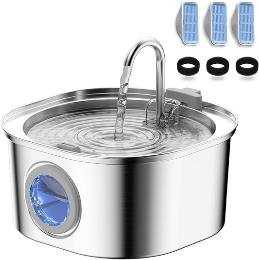 Cat Water Fountain, Pet Water Fountain for Cats/Dogs Indoor, Stainless Steel Cat Drinking Fountains with Water Level Window and 3 Filters + 3 Sponges(3.2L/108oz)