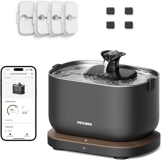 Bundle of PETLIBRO App Monitoring Cat Water Fountain with Wireless Pump, 2.5L/84oz Dockstream Pet Water Fountain for Cats Inside + 4 Packs Replacement Filters