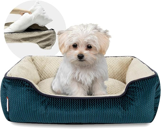 Miguel Small Dog Bed Washable Removable Cover, Cat Bed for Indoor Cats Square, Cuddle Rectangle Pet Bed with Side Soft Bolster Puppy Bed Kitten Bed with Wall Slip-Resistant Bottom, Blue 20 Inch