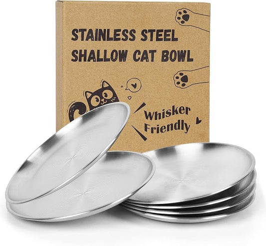 Wide Whisker Friendly Cat Dishes Set 6.7", Stainless Steel Cats Bowls, Shallow Food Bowl, Indoor Kitten Feeding Wet & Dry Food Dish to Prevent Whisker Fatigue(13 OZ) (Cat Dishes, 6 PCS)