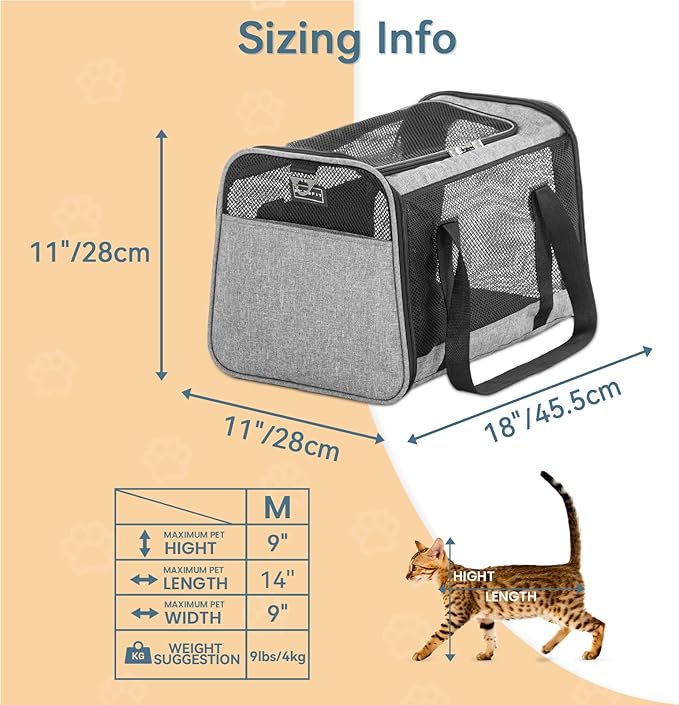 Petsfit Cat Carrier Dog Carriers Airline Approved, 18 x 11 x 11 Soft-Sided Pet Carrier, 3 Carrying Ways, Lightweight, Breathable, Escape Proof, with Adjustable Shoulder Strap and Soft Cushion