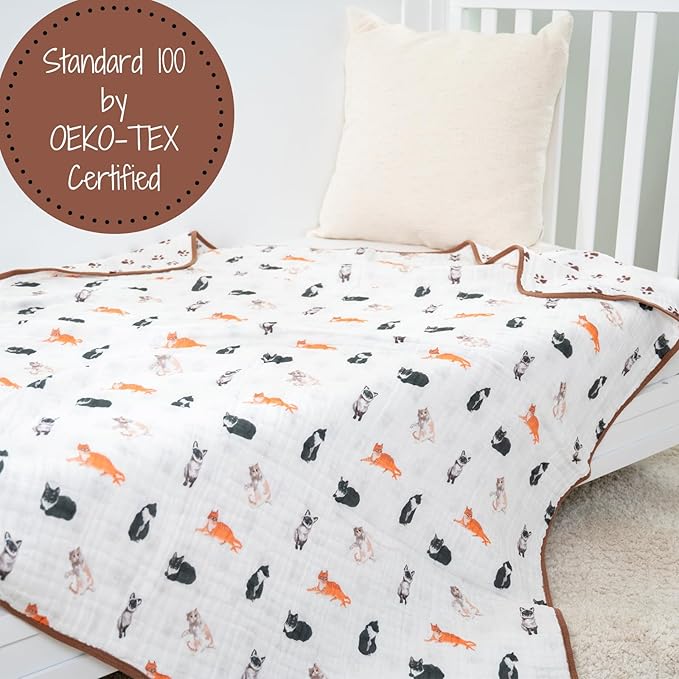 LollyBanks Muslin Baby Blanket 100% Cotton, Muslin Quilt Lightweight, 6 Layers Baby Blankets 47"x 47", Toddler Blanket for Boy and Girl, Nursery Receiving Blankets Baby Essentials (Cats Print)