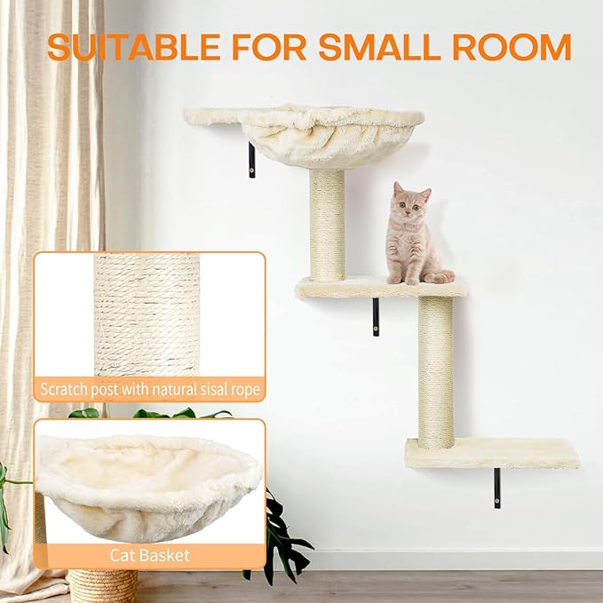 Cat Wall Furniture,Wall-Mounted Cat Climber Set with Cat Wall Shelves, Perches, Condo House, Ladder, Scratching Board & Tree - 5 Pcs Wood Indoor Cat Furniture for Play (Light Grey)
