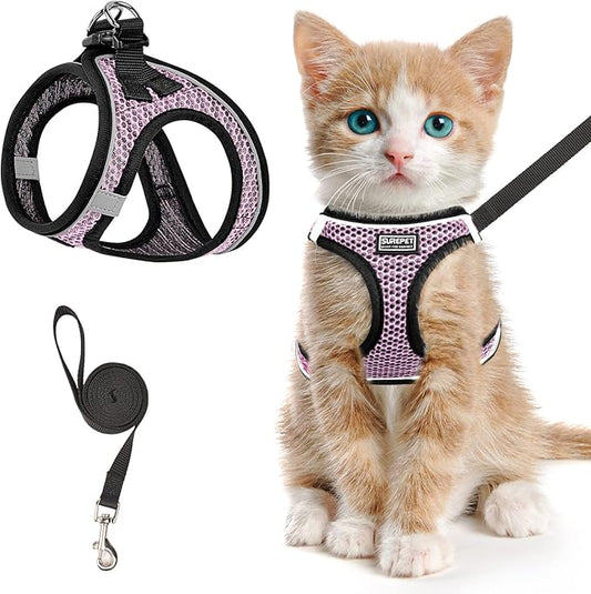 Cat Harness and Leash for Walking Escape Proof, Adjustable Kitten Vest Harness Reflective Soft Mesh Puppy Harness for Outdoor, Comfort Fit, Easy to Control (Lpink, XS)