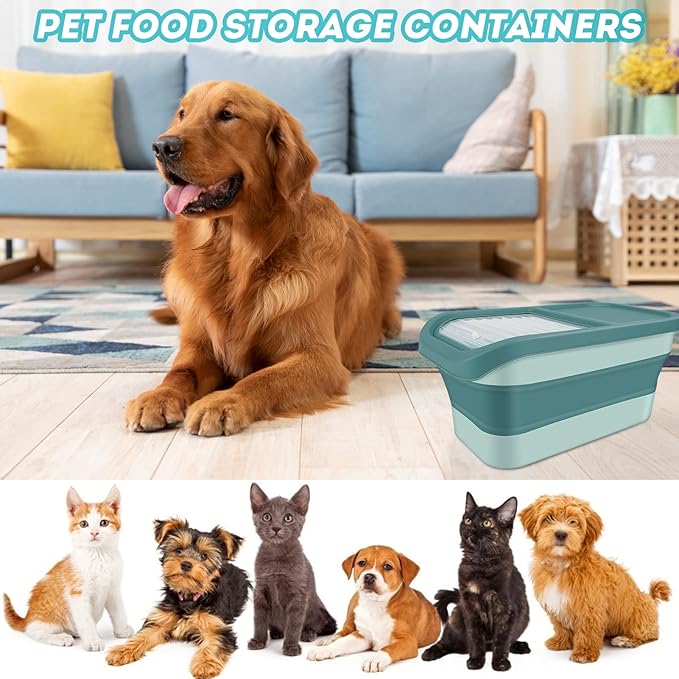 Pet Food Storage Containers, Collapsible Dog Food Container with Sliding Lid,13lb Cat Food Storage with Measuring Cup & Scoop, Plastic Dog Food Bin（green）