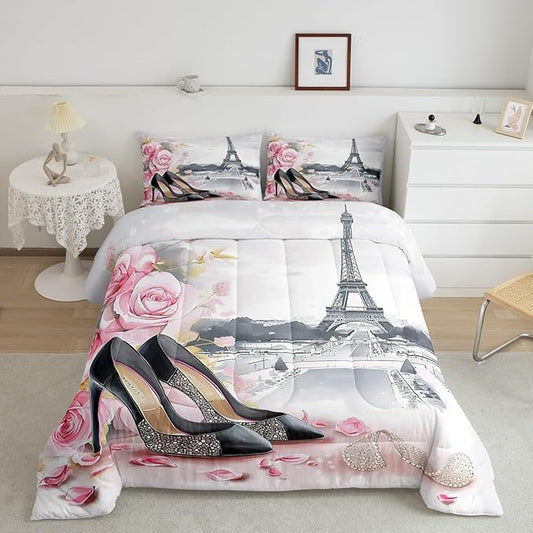 High-Heeled Shoes Princess Kids Comforter Set Queen Size,Roses Flowers Paris Eiffel Tower Bedding Set,Women Girls Room Decor,Glitter Diamond Romantic Down Comforter,Pink Duvet Insert,2 Pillowcases
