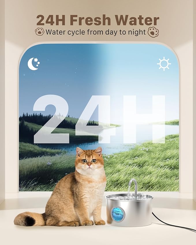 Cat Water Fountain Stainless Steel: 74oz/2.2L Cat Fountain for Drinking - Pet Water Fountain for Cats Inside - Quiet Cat Water Bowl Dispenser - Cat Drinking Fountains - for Cats&Pets& Small Animals