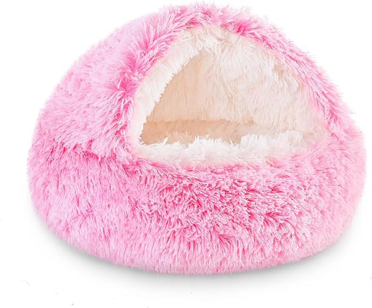 NOYAL Dog Bed Round Hooded Plush Cat Cave Donut Anti Anxiety Fluffy Dog Bed for Small Medium Dog and Cat